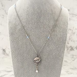 Antique Silver Bird Beaded 19” Chain Necklace Cornflower Blue Czech Glass Beads